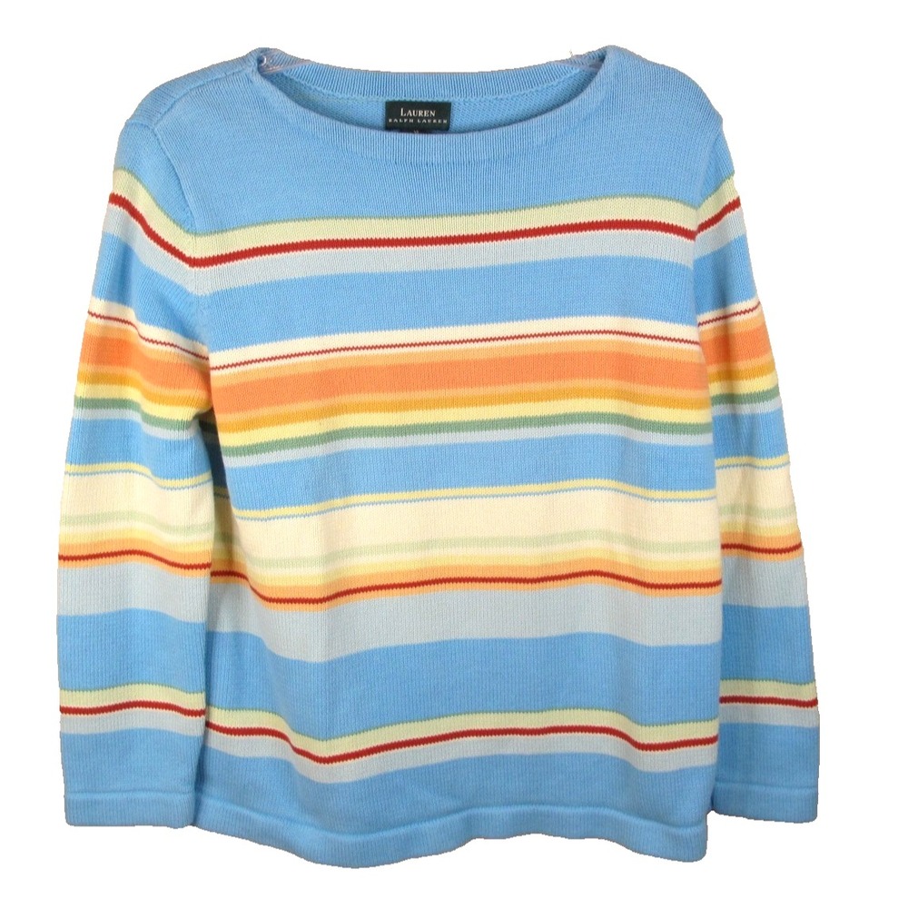 Vtg Lauren Ralph Lauren 90's Rainbow Blue‎ Striped Cotton Sweater Women's XL